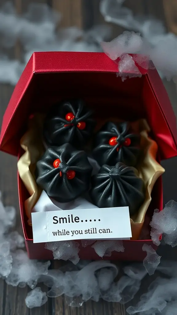 A box of black gyoza with red eyes and a note that reads 'Smile..... while you still can.'