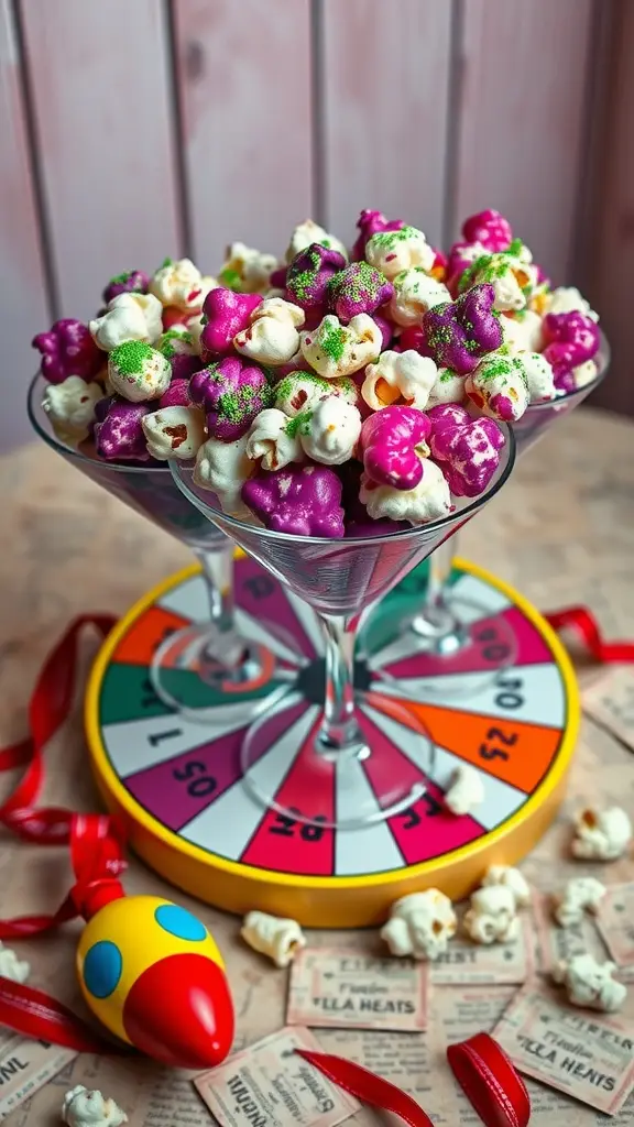 Colorful candy-coated popcorn in glass bowls with a playful background