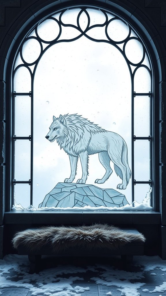 A stained glass window depicting a direwolf crest, set against a snowy background, symbolizing House Stark and Winterfell.