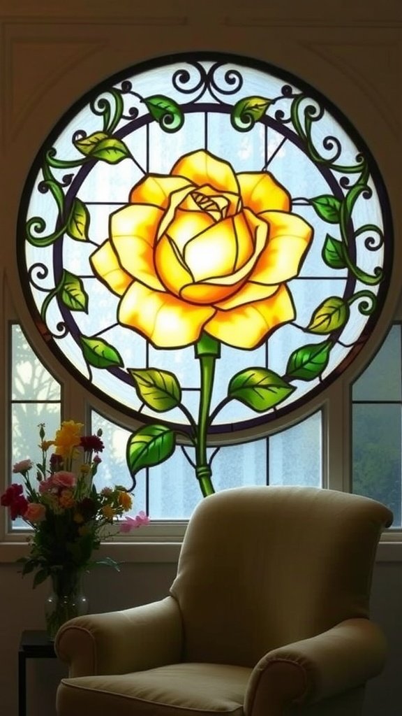 Stained glass artwork featuring a golden rose surrounded by green leaves, set in a round window.
