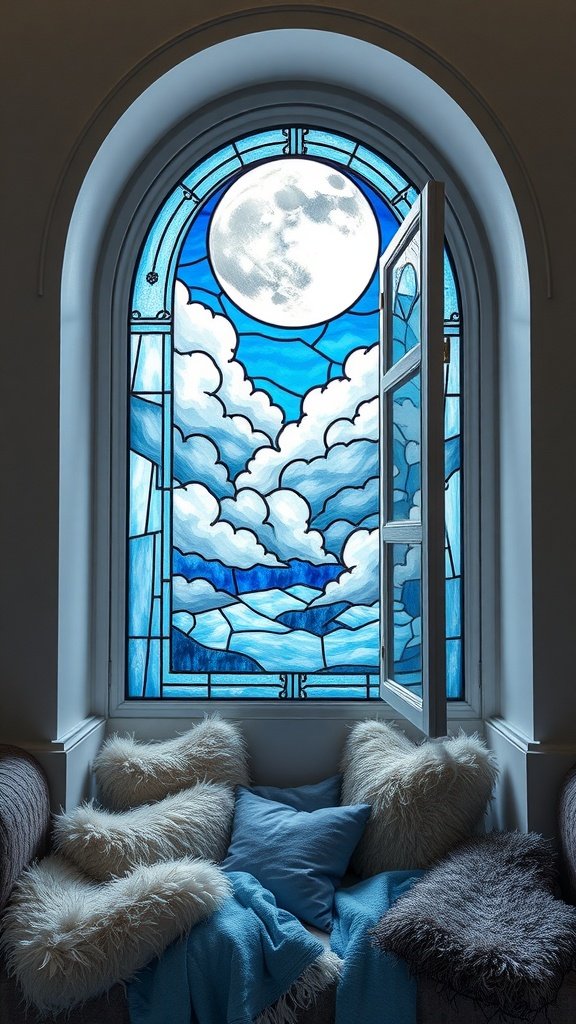 Stained glass window depicting a large moon and clouds in shades of blue