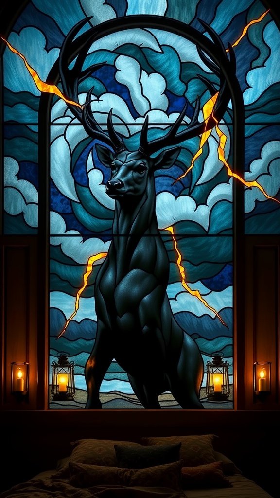 Stained glass depiction of a Baratheon stag amid storm clouds and lightning