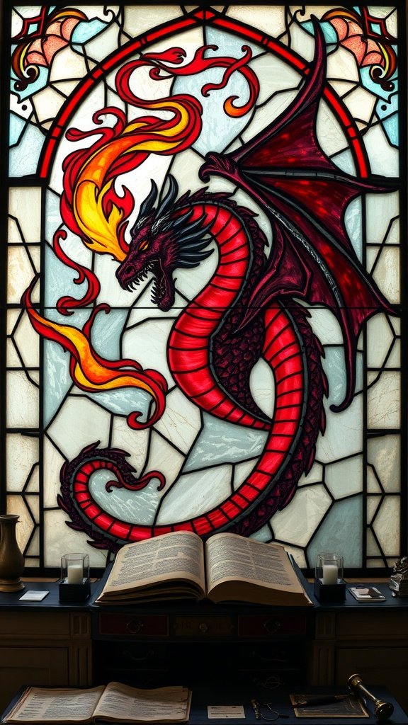 Stained glass design featuring a vibrant Targaryen flame spiral, showcasing red and orange colors in a dynamic pattern.