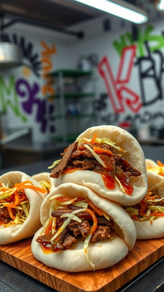 Delicious Bantha Brisket Bao with brisket, veggies, and sauce in soft buns.
