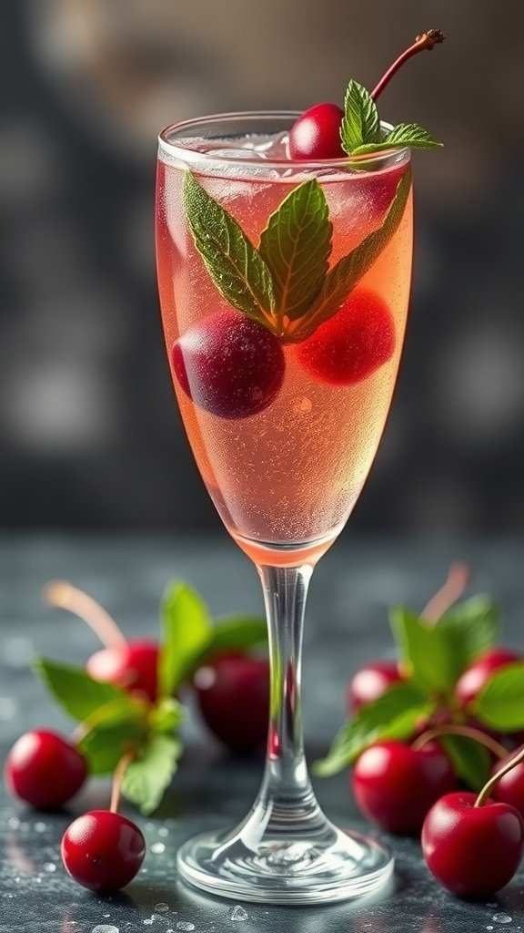 A refreshing Cherry Bounce Fizz cocktail garnished with cherries and mint leaves.