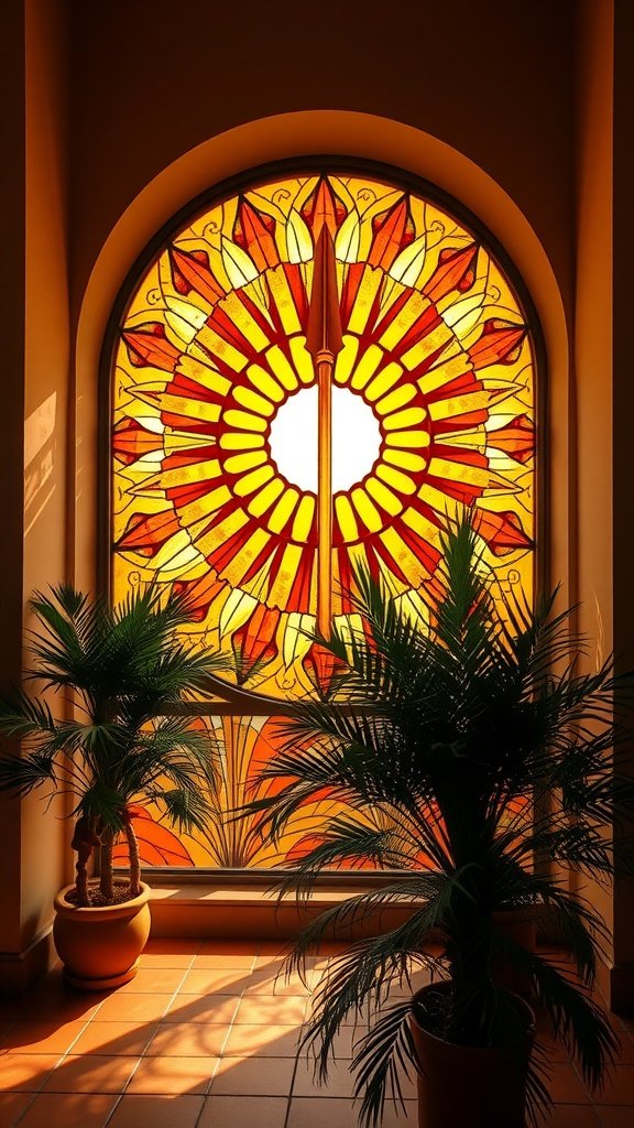 Stained glass window with a sunburst design and a spear in the center, surrounded by green plants.