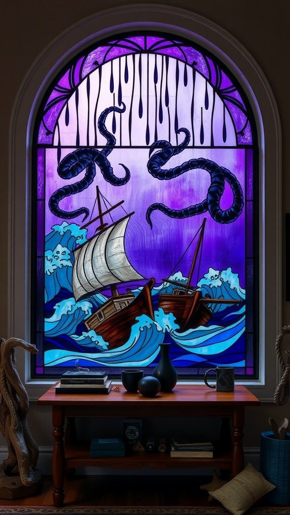 Stained glass design depicting a kraken rising from the sea, with ships and a moonlit sky.