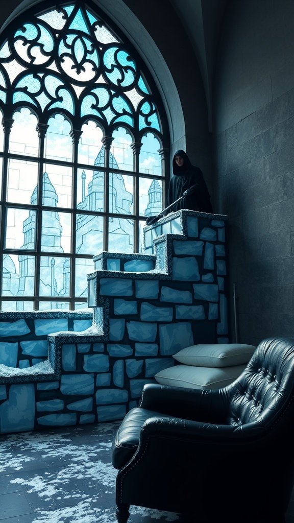A dark cloaked figure standing atop a wall of blue ice blocks, with snow on the ground, creating an icy scene.