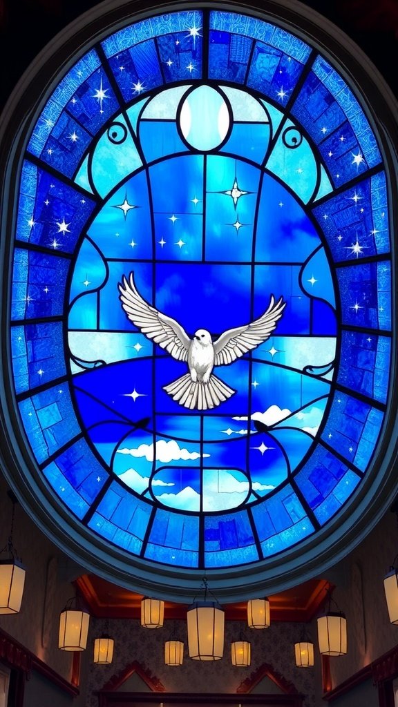A vibrant stained glass ceiling featuring a white bird in a blue sky with stars