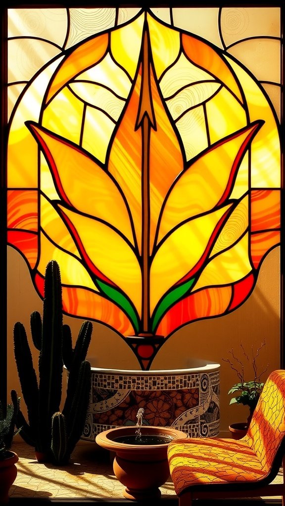 Stained glass window with red and gold hues and a view of a castle tower, featuring a table set with goblets.