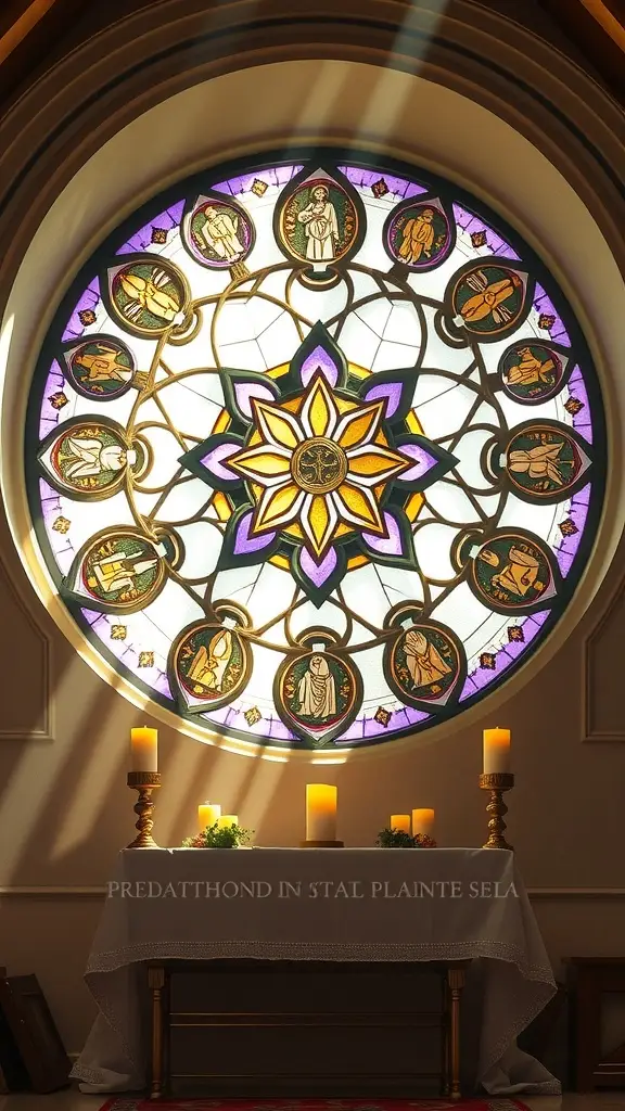 A stained glass window depicting figures and symbols from the Sept of Baelor, with candles in front.