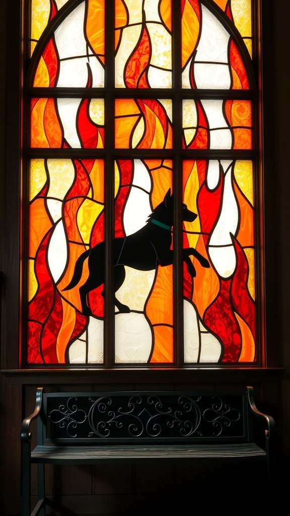Stained glass featuring a silhouette of a dog surrounded by flames.