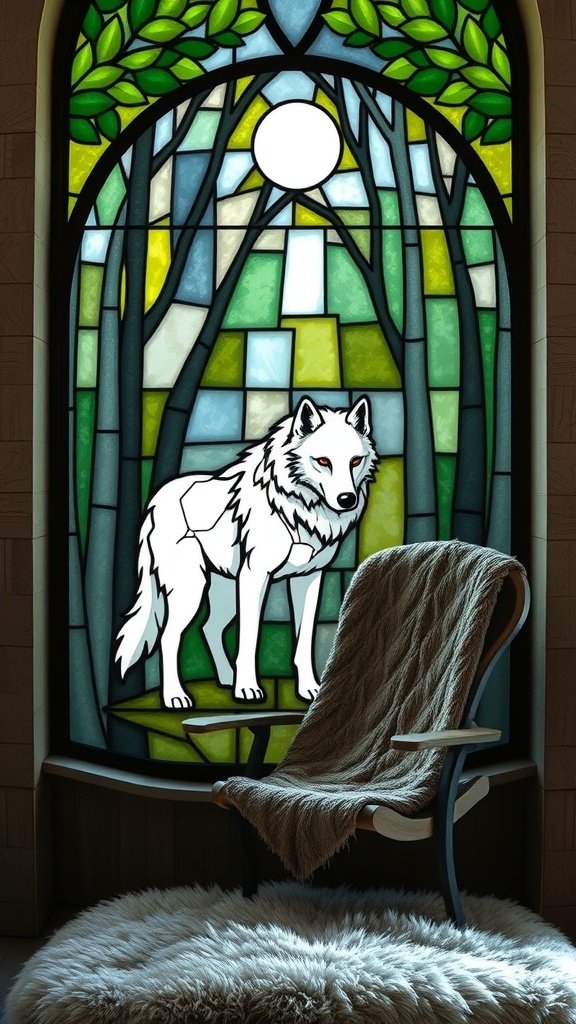 Stained glass artwork featuring a white wolf in front of a throne in a mystical forest