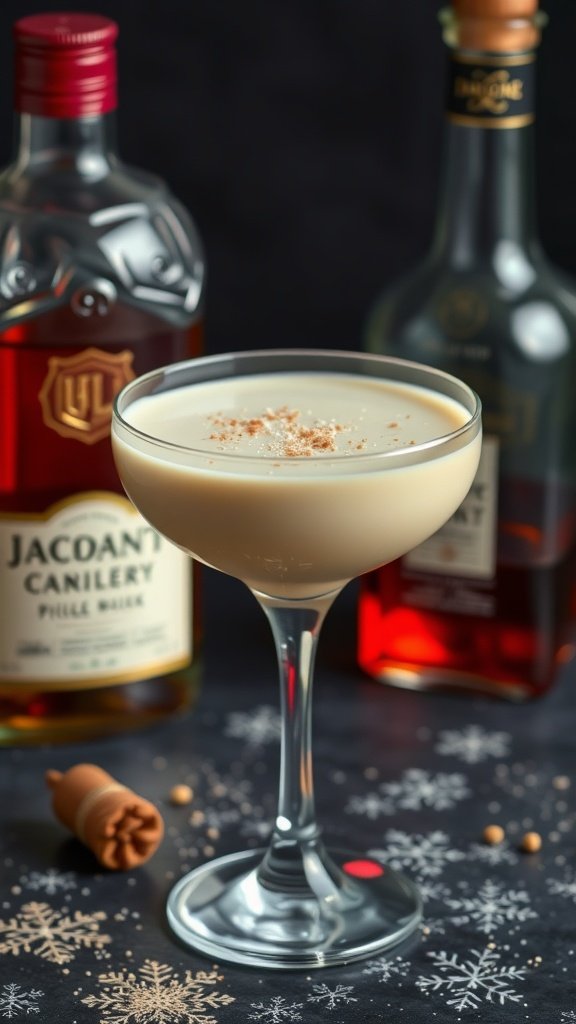 A cocktail glass filled with a creamy Brandy Alexander, garnished with nutmeg, surrounded by bottles of brandy and crème de cacao.