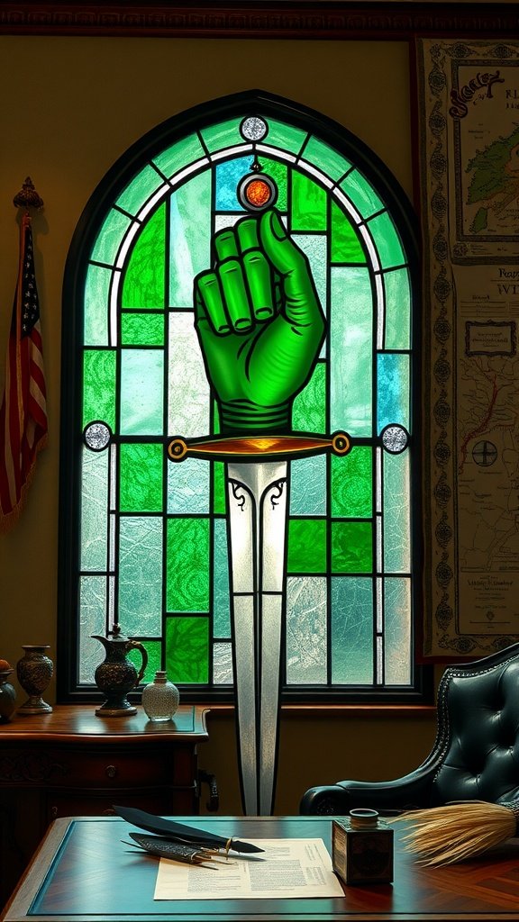 A detailed representation of the Hand of the King insignia, featuring a green hand gripping a sword, symbolizing authority.