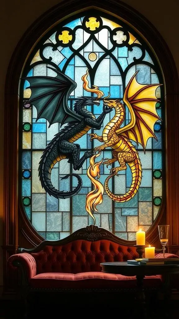 Stained glass panel depicting two dragons in a duel surrounded by flames.
