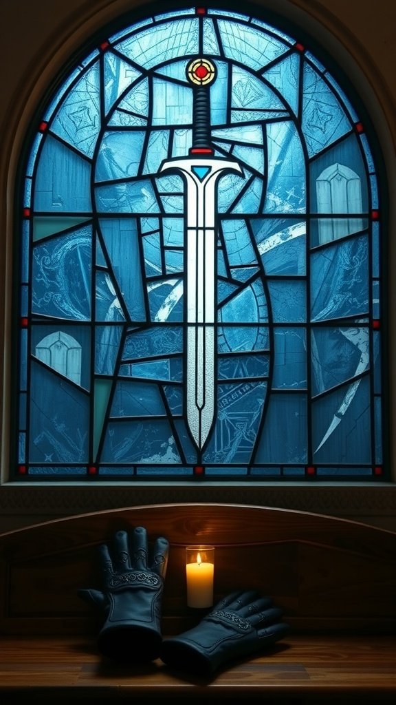 Stained glass window featuring a sword known as Oathkeeper, symbolizing loyalty and honor