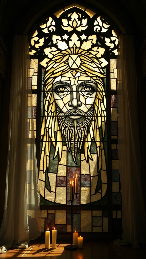 An artistic representation of faces arranged in a shadowy space, with candles casting light, symbolizing the Faceless God.