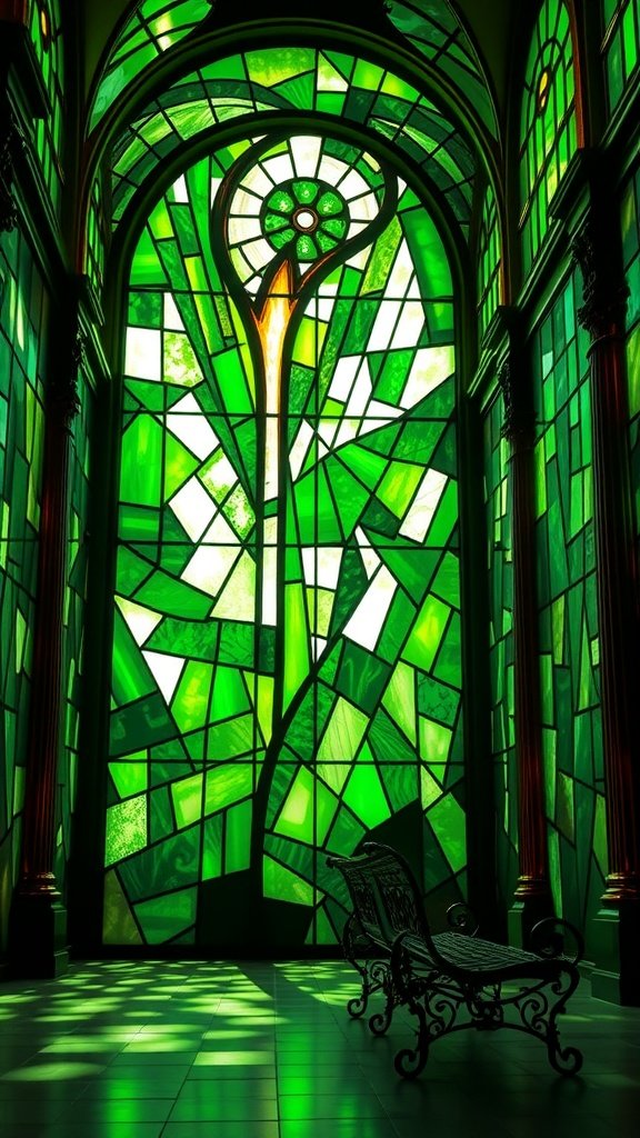 Stained glass window design inspired by wildfire, featuring vibrant green hues and intricate patterns, with candles and a bench in a grand setting.