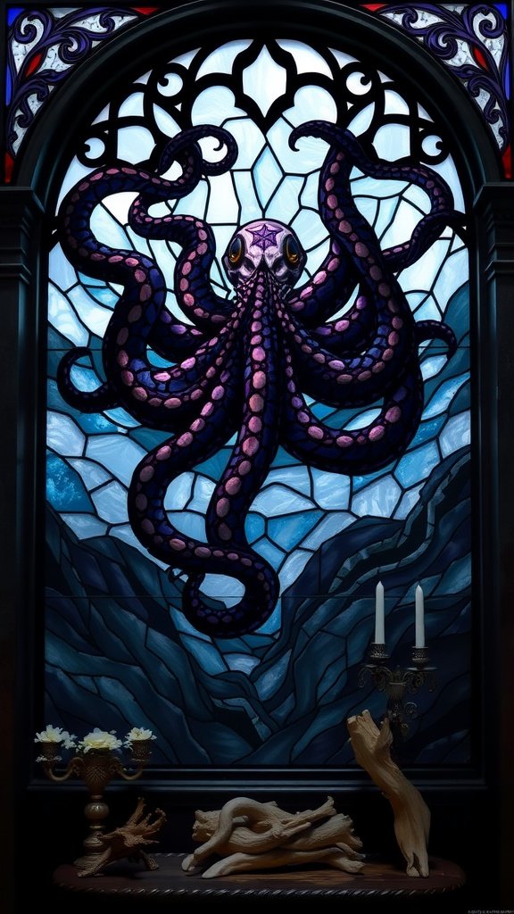 A stunning octopus-shaped candelabra against a serene sea backdrop.