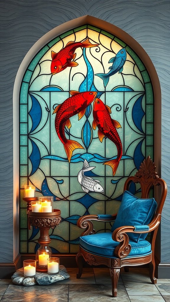 A stained glass window featuring colorful fish, representing House Tully, with a cozy chair and candles nearby.