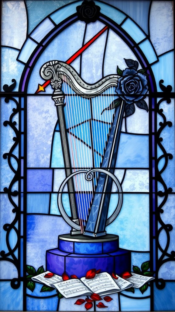 A stained glass design featuring a harp surrounded by roses and scrolls, symbolizing Rhaegar Targaryen's tragedy.