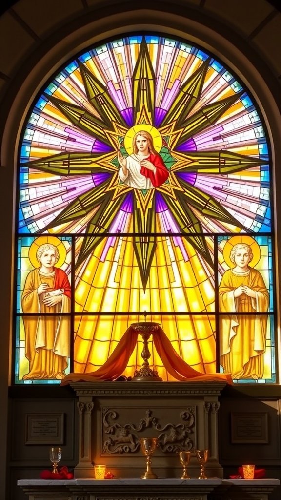 A stunning stained glass shrine featuring a seven-pointed star, surrounded by colorful figures and ornate candle holders.
