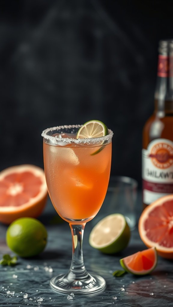 A colorful cocktail garnished with a lime wedge, featuring grapefruit soda.