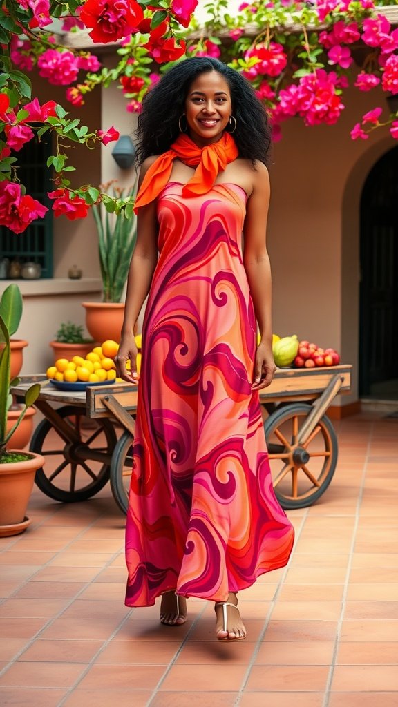 A woman wearing a vibrant pink and orange swirl maxi dress with a matching scarf, surrounded by flowers and fruits.