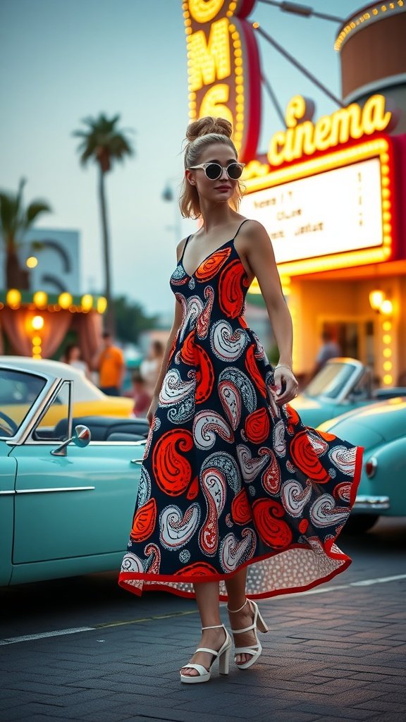 A woman wearing a tangerine paisley maxi dress with spaghetti straps, walking near a retro cinema and classic cars.