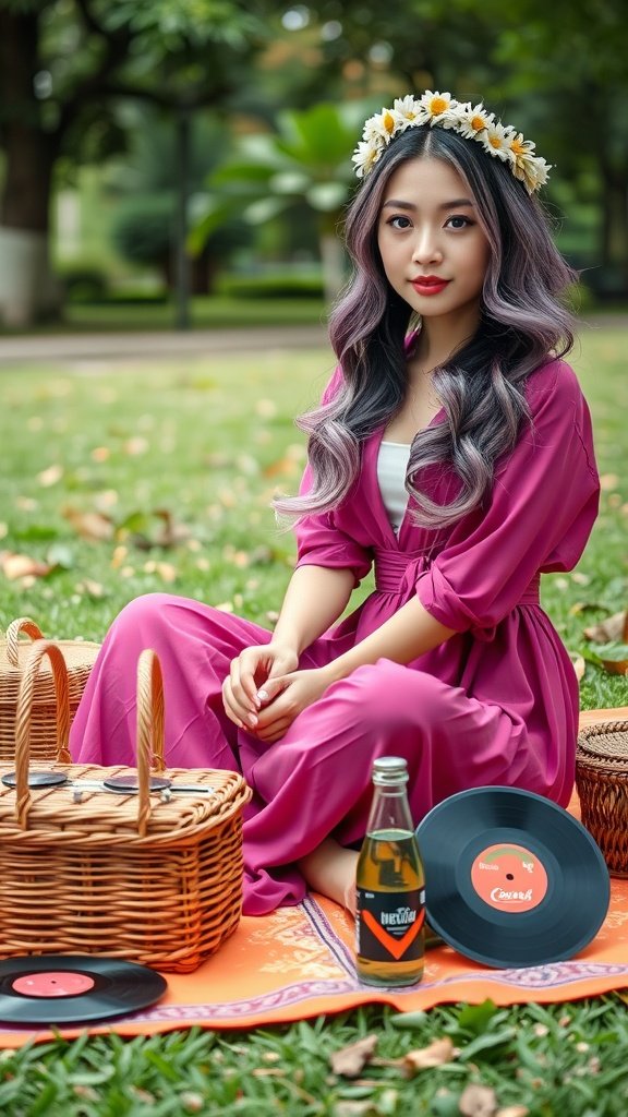 A woman in a pink wrap dress seated on a picnic blanket with wicker baskets and vinyl records, wearing a floral crown.