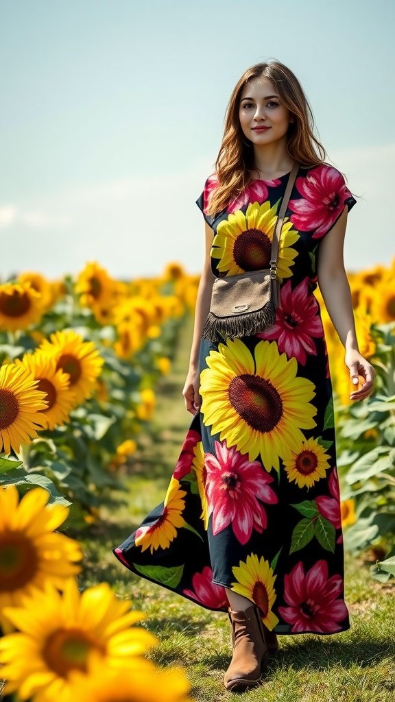 A woman walks through a sunflower field wearing a vibrant floral maxi dress.