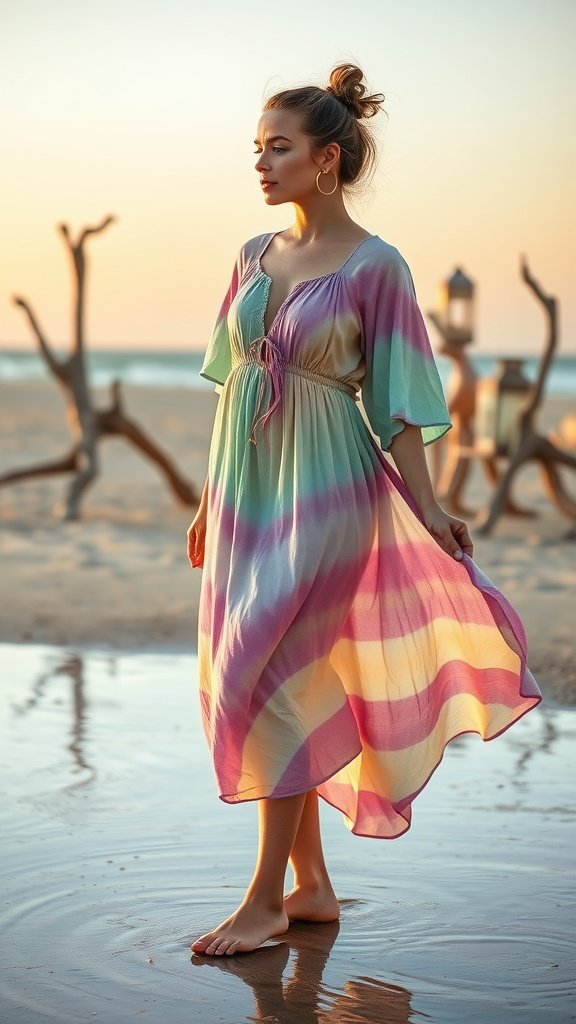A woman wearing a colorful tie-dye dress on the beach during sunset.