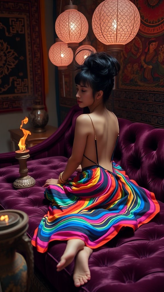A woman wearing a colorful spiral-patterned maxi dress, sitting on a red sofa with a warm glow from a lamp.