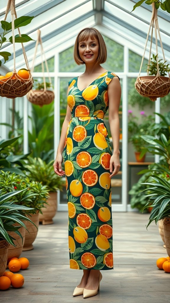 A woman wearing a citrus print maxi dress in a greenhouse filled with plants.