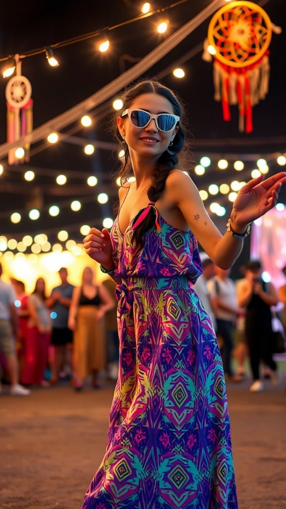 A woman in a colorful maxi dress dancing at a vibrant festival with fairy lights and dreamcatchers in the background.