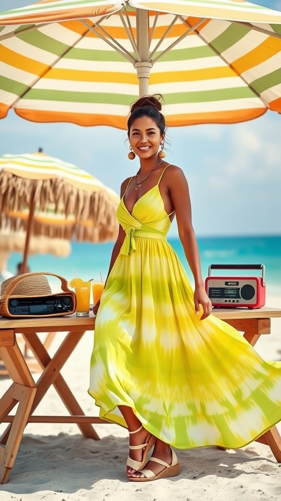 A woman wearing a bright yellow tie-dye maxi dress, standing under a colorful beach umbrella with a retro radio and drinks on a table beside her.