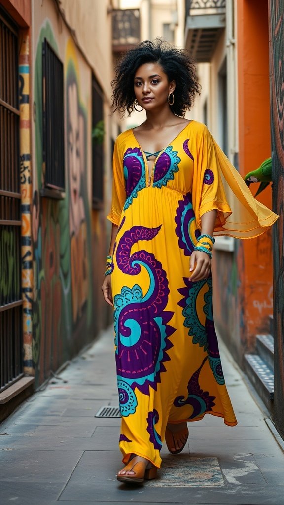 A model in a vibrant marigold maxi dress with colorful patterns walking in a graffiti-filled alley.