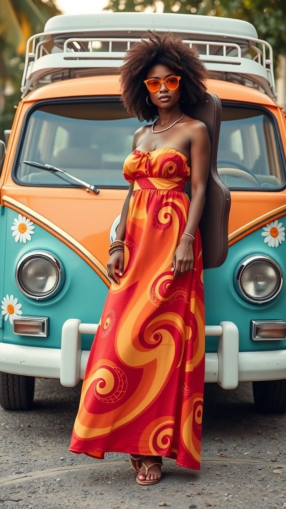 A woman in a vibrant red and orange swirl maxi dress stands in front of a colorful vintage van, wearing orange sunglasses.