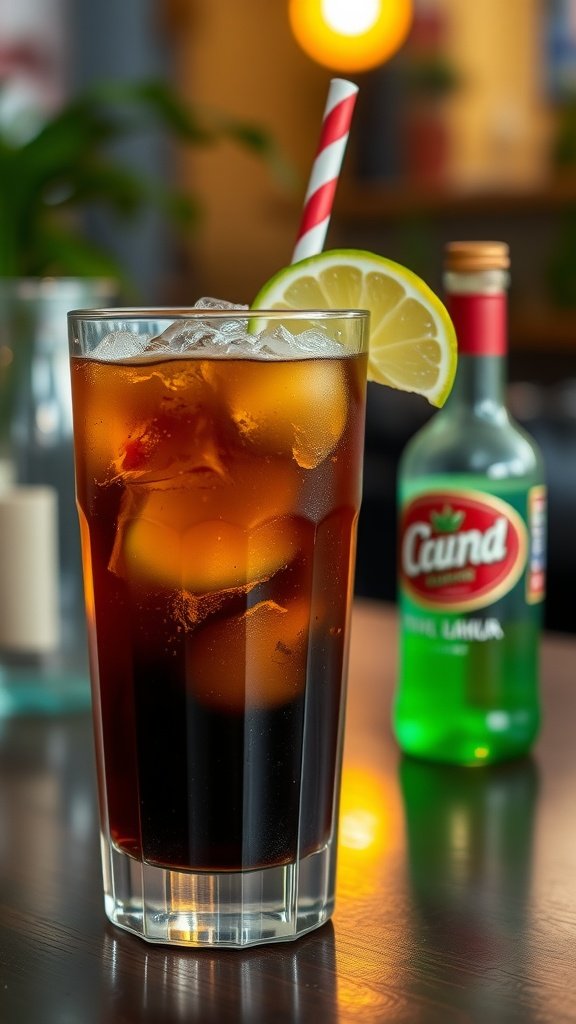 A refreshing Cuba Libre cocktail with a lime garnish