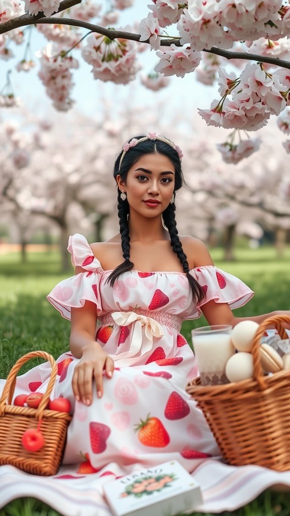 A young woman wearing a strawberry print maxi dress sitting under blooming cherry blossom trees, surrounded by picnic baskets.
