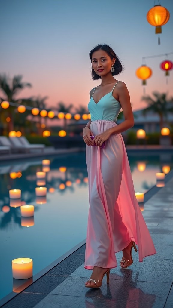 A model wearing a pastel colored maxi dress standing near a pool with candles and lanterns around.
