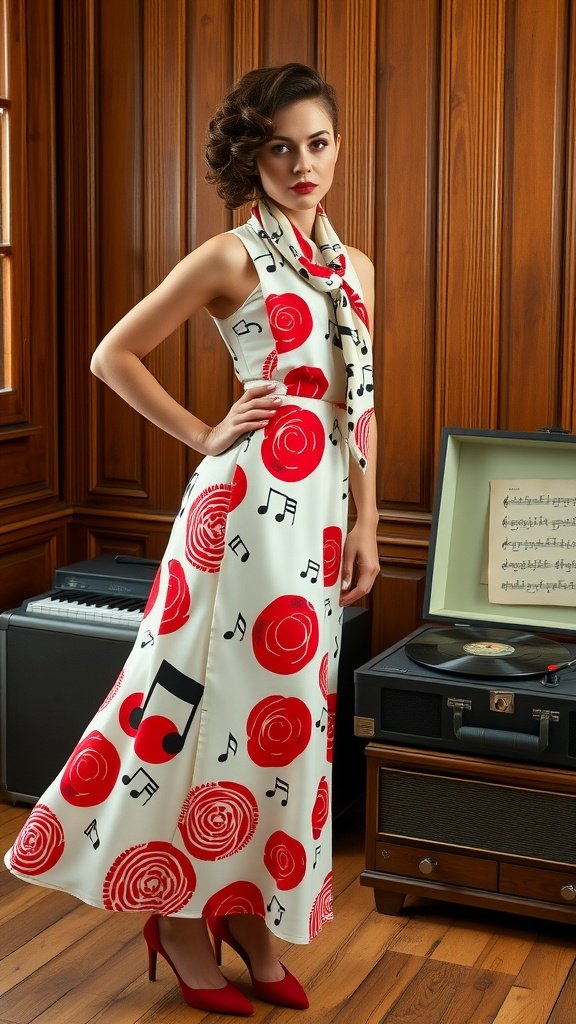 Model wearing a Cherry Groove Dress with red rose and music note patterns, styled with a scarf and red heels.