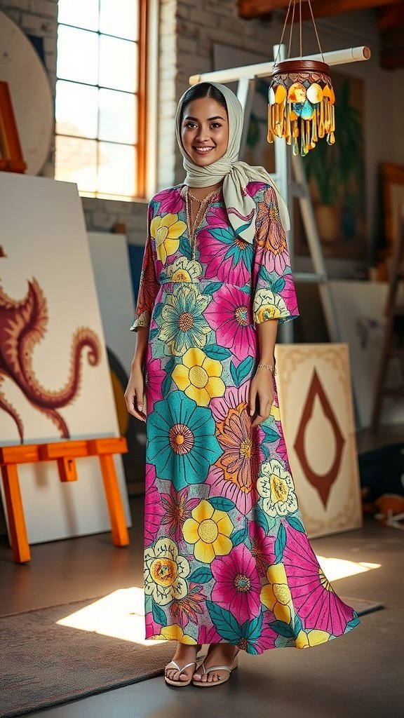 A woman wearing a vibrant floral maxi dress with a headscarf, standing in an artistic space.