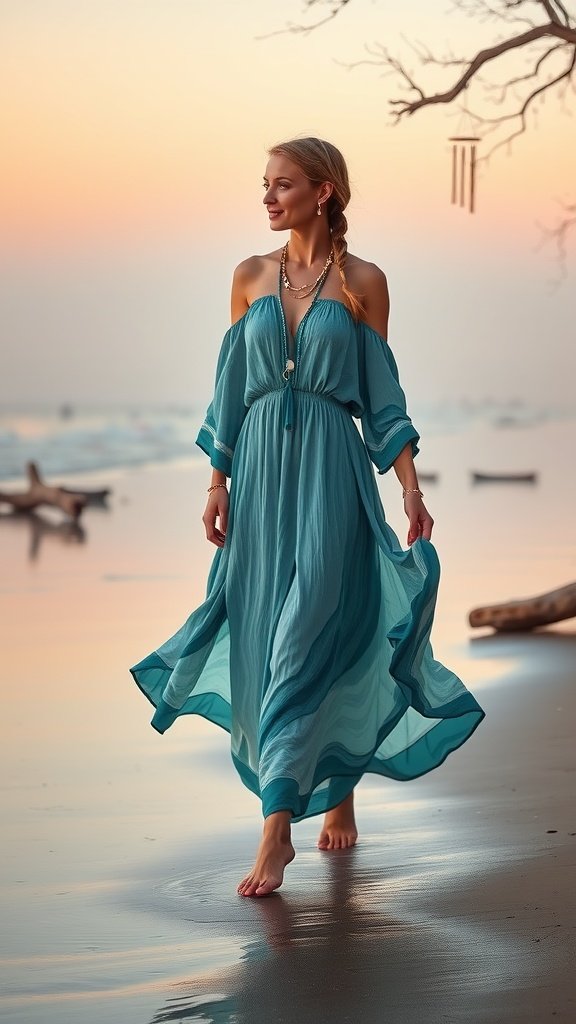 A woman in a flowing maxi dress walking along the beach at sunset.