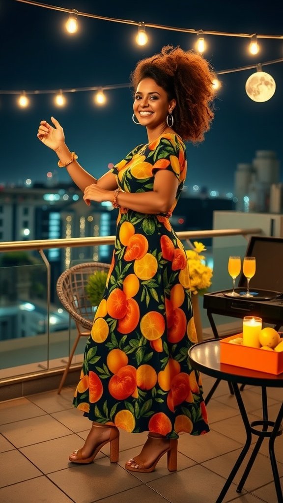 A woman wearing a vibrant fruit-patterned maxi dress, smiling joyfully on a balcony at night with string lights.