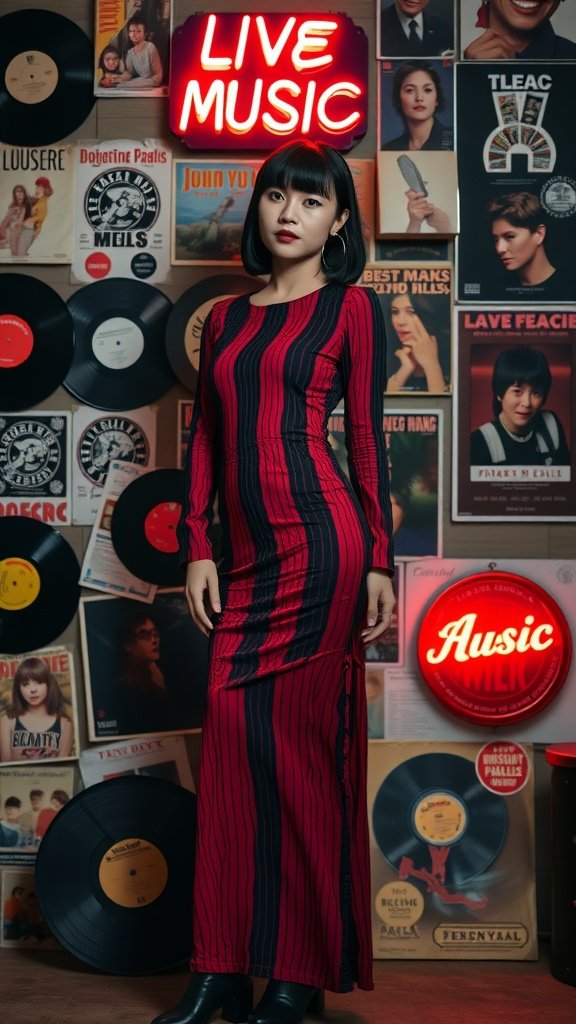 A model wearing a crimson and black striped maxi dress with a retro vibe, standing in front of vintage vinyl records and neon music signs.