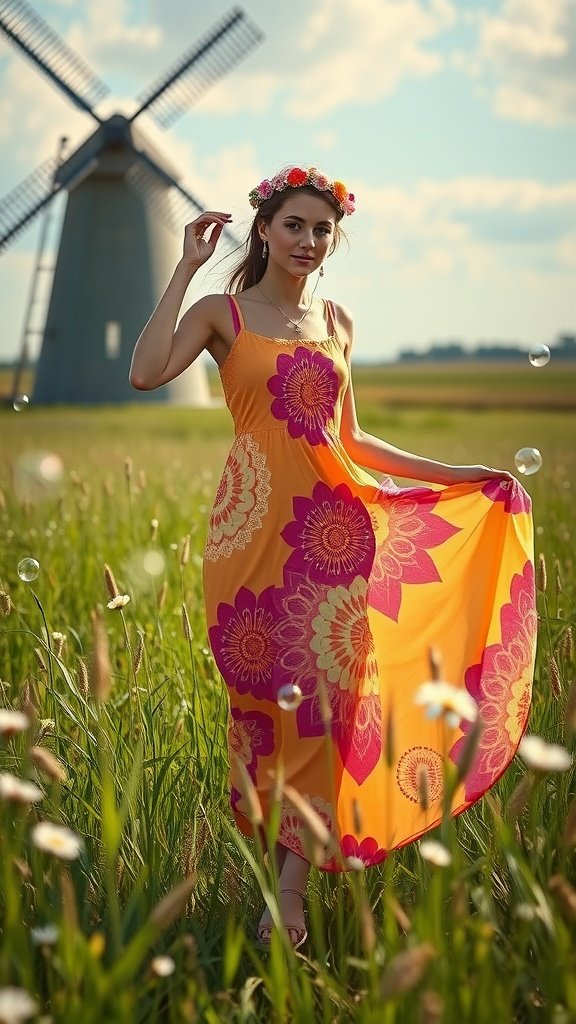 Model in a vibrant floral maxi dress standing in a field with a windmill in the background