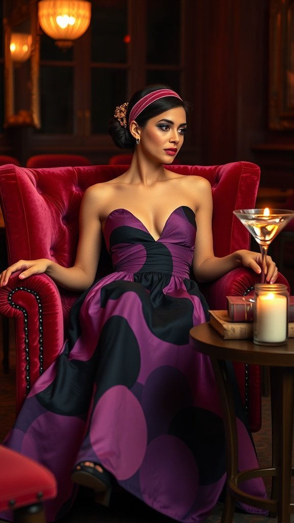 A model wearing a vibrant purple and black gown sitting in a plush chair, exuding elegance.