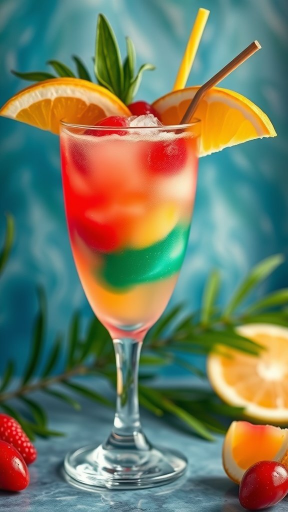 A colorful Hurricane cocktail in a tall glass garnished with orange slices and cherries, embodying a festive party atmosphere.